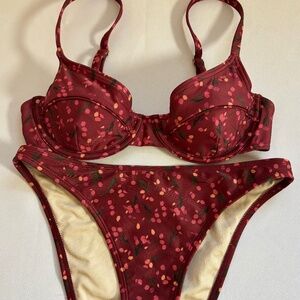 Peony . Floral Bikini Set Burgundy Red Underwire Top & Bottom Size S